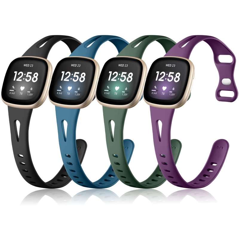 Ouwegaga Compatible with Fitbit Versa 4 Bands for Woman/Sense 2/Sense/Versa 3 Bands for Men,Soft Silicone Slim Sport Strap Compatible with Fitbit Smartwatch, 4 Pack Small