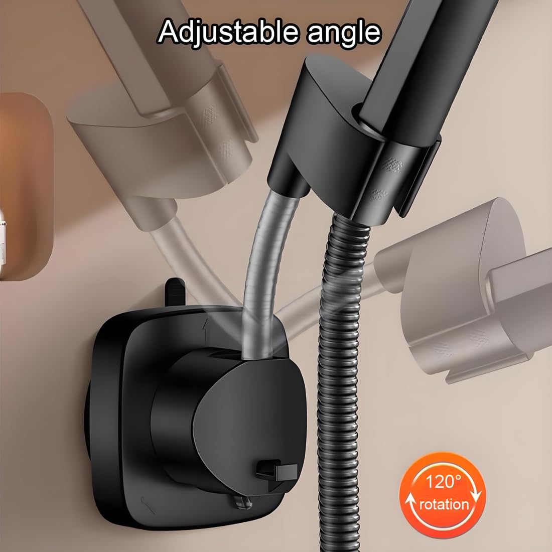 Suction Cup Shower Head Holder - Angle Adjustable Spring Arm, Flexible Wall Mount Shower Hose Holder, Removable Hand Held Shower Bracket with Vacuum Lock & Bonus Hook for Bathroom, Kitchen