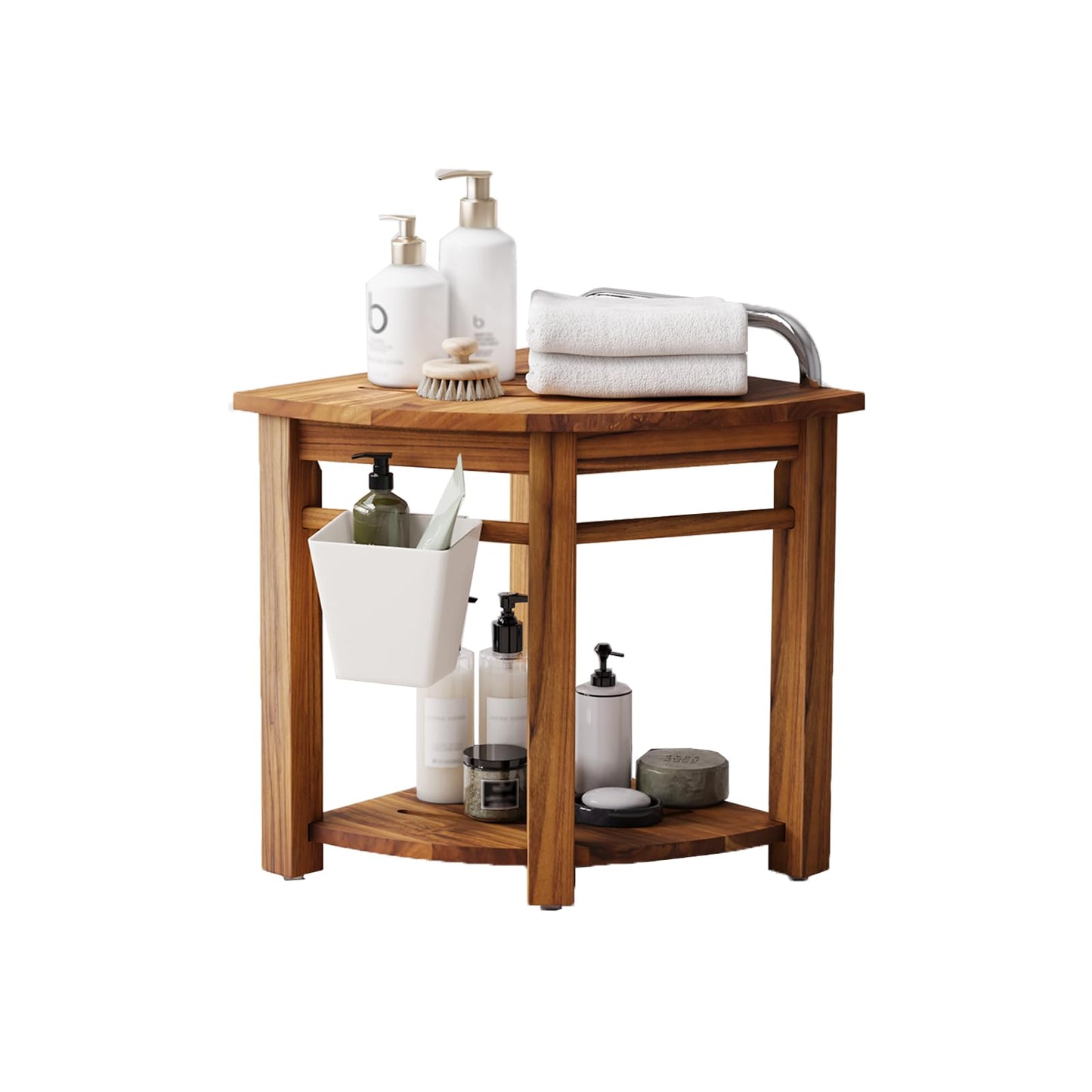 Kiasthome Teak Corner Shower Bench, Waterproof Bathroom Teak Shower Bench, Sturdy Non-Slip Bath Shower Foot Stool for Shaving Legs with Storage Baskets and Shelves