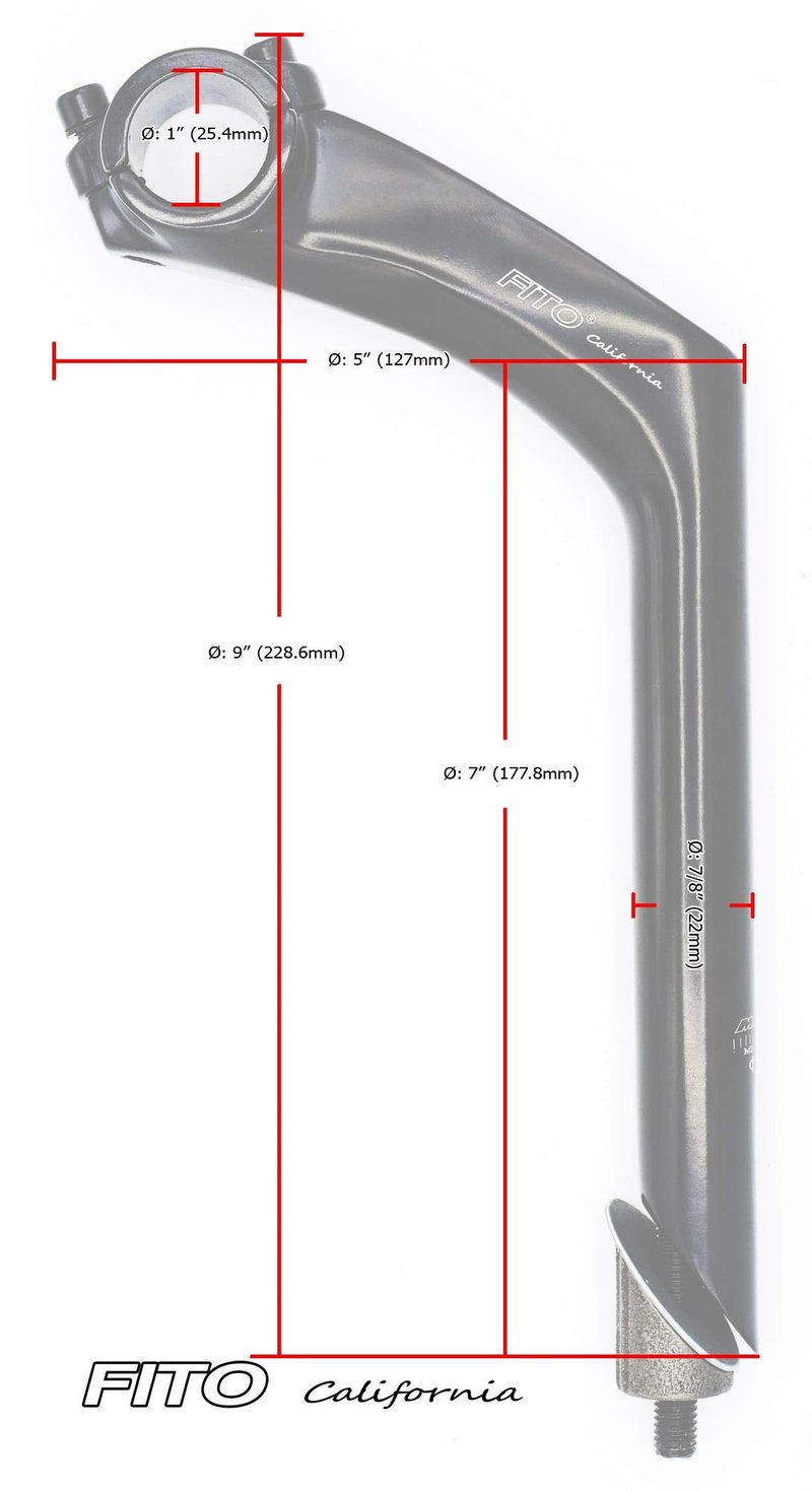 Stem - Fito Aluminum Alloy Handle Bar Stem - TWIN 2 BOLT - Gooseneck, Handle bar: 25.4mm, Frame: 22.2mm, for Beach Cruiser Bikes, BMX Bikes, Comfort Bikes, (Black)