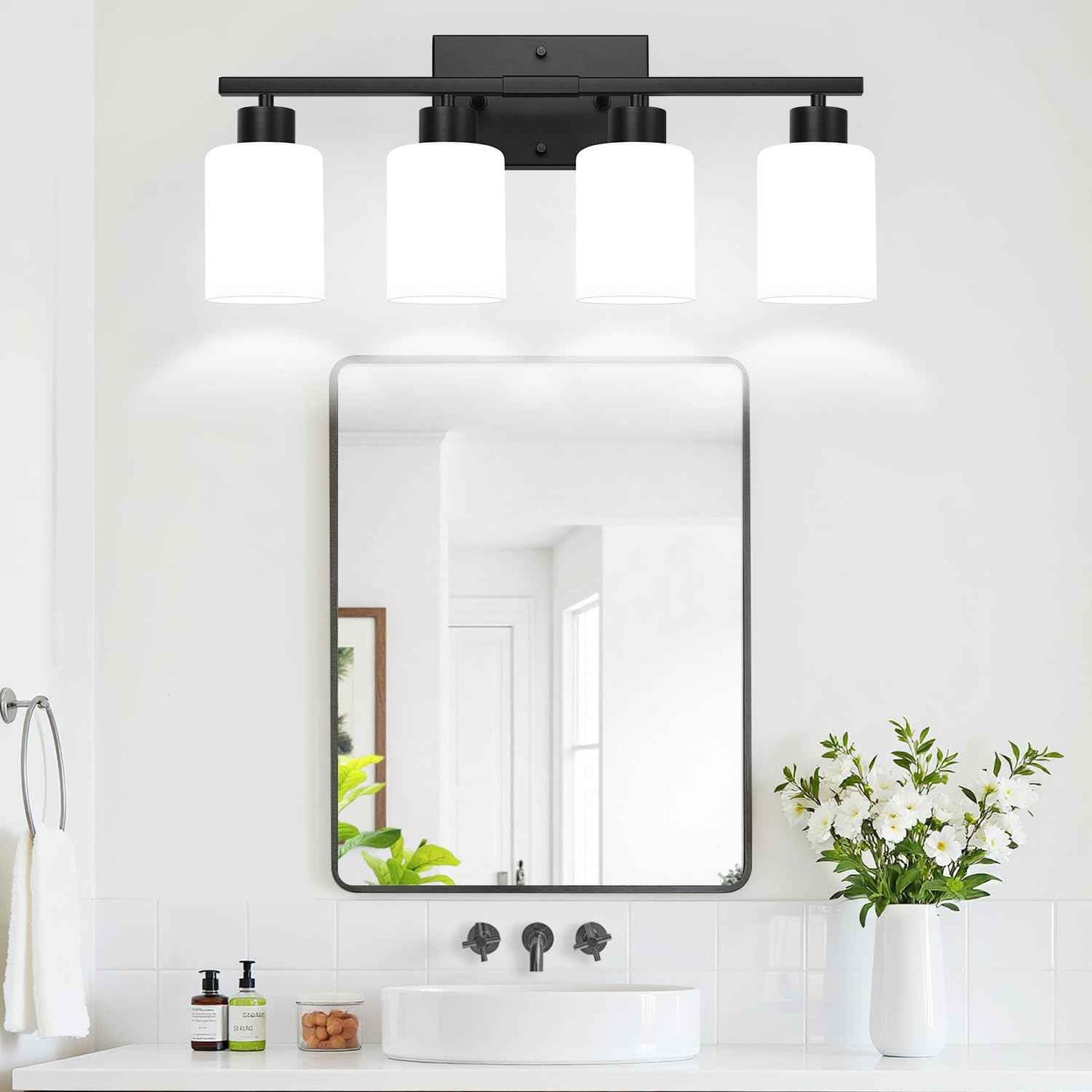 4-Light Bathroom Vanity Light Fixture, Matte Black Finish with Frosted Glass Shades, Modern Bathroom Light Fixtures for Mirror, Living Room, or Bedroom, E26 Socket