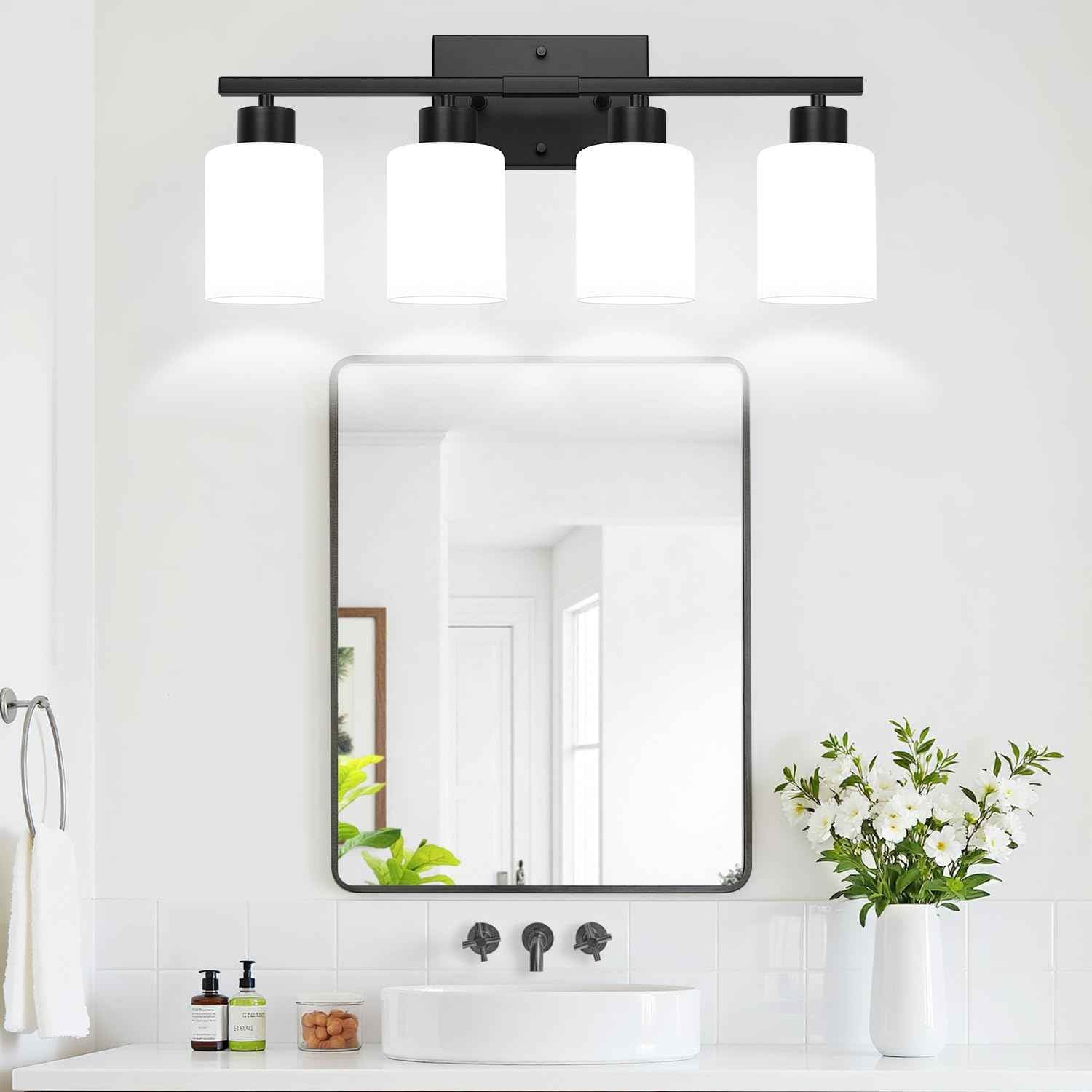 4-Light Bathroom Vanity Light Fixture, Matte Black Finish with Frosted Glass Shades, Modern Bathroom Light Fixtures for Mirror, Living Room, or Bedroom, E26 Socket