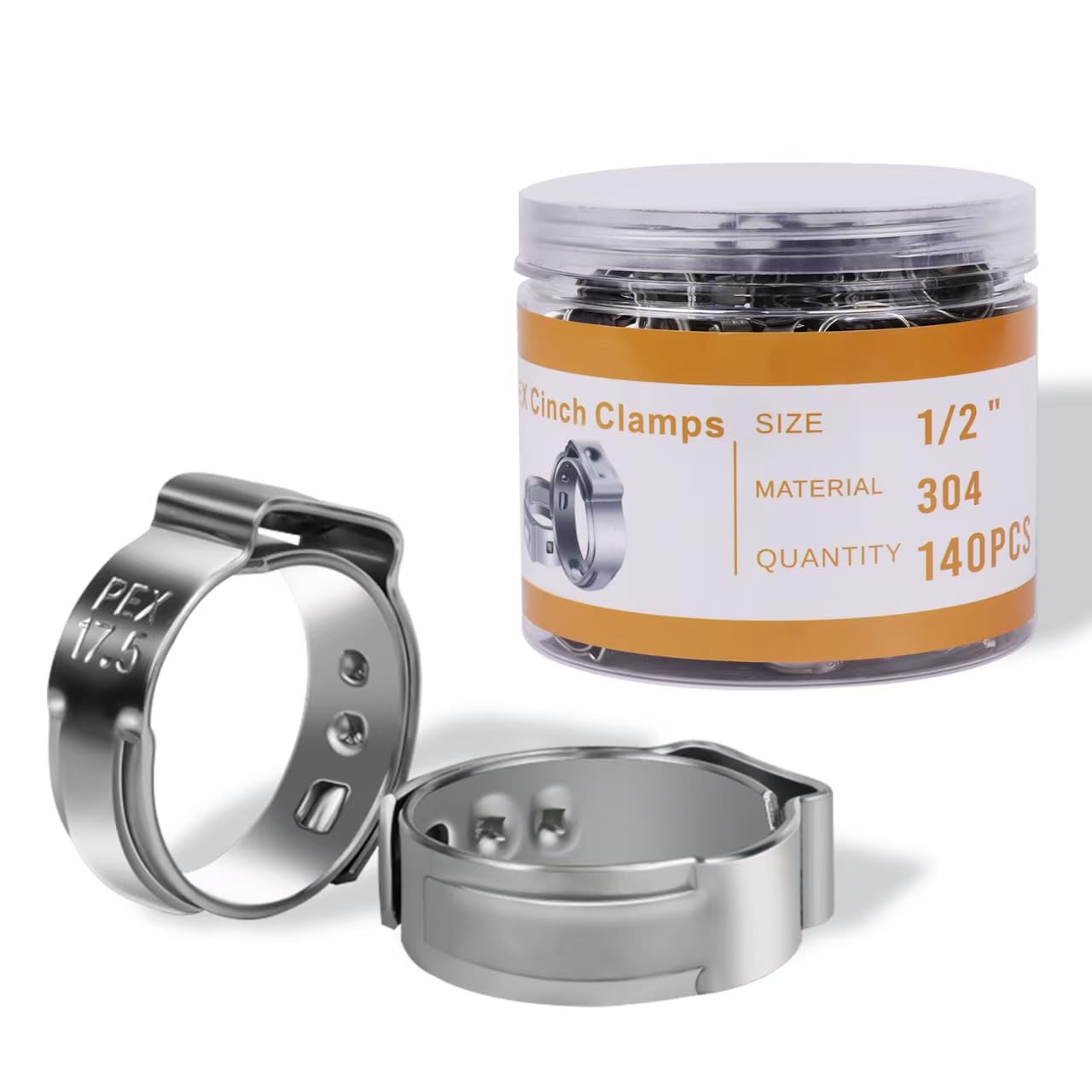 140 Pack 1/2 Inch Pex Cinch Clamp Rings, Stainless Steel PEX Crimp Ring, Single Ear Hose Clamps for PEX Tubing Pipe Fitting Connections