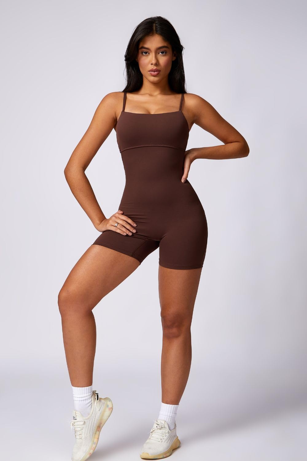 QINSEN Women's One Piece V Back Scrunch Butt Jumpsuits Bodycon Spaghetti Strap Backless Jumpsuit Stretch Workout Romper