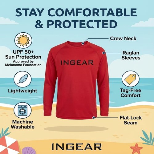 INGEAR Boys’ Rash Guard Swim Shirt - UPF 50+ Quick-Dry Sun Protection for Swimming & Surfing | XS–XL