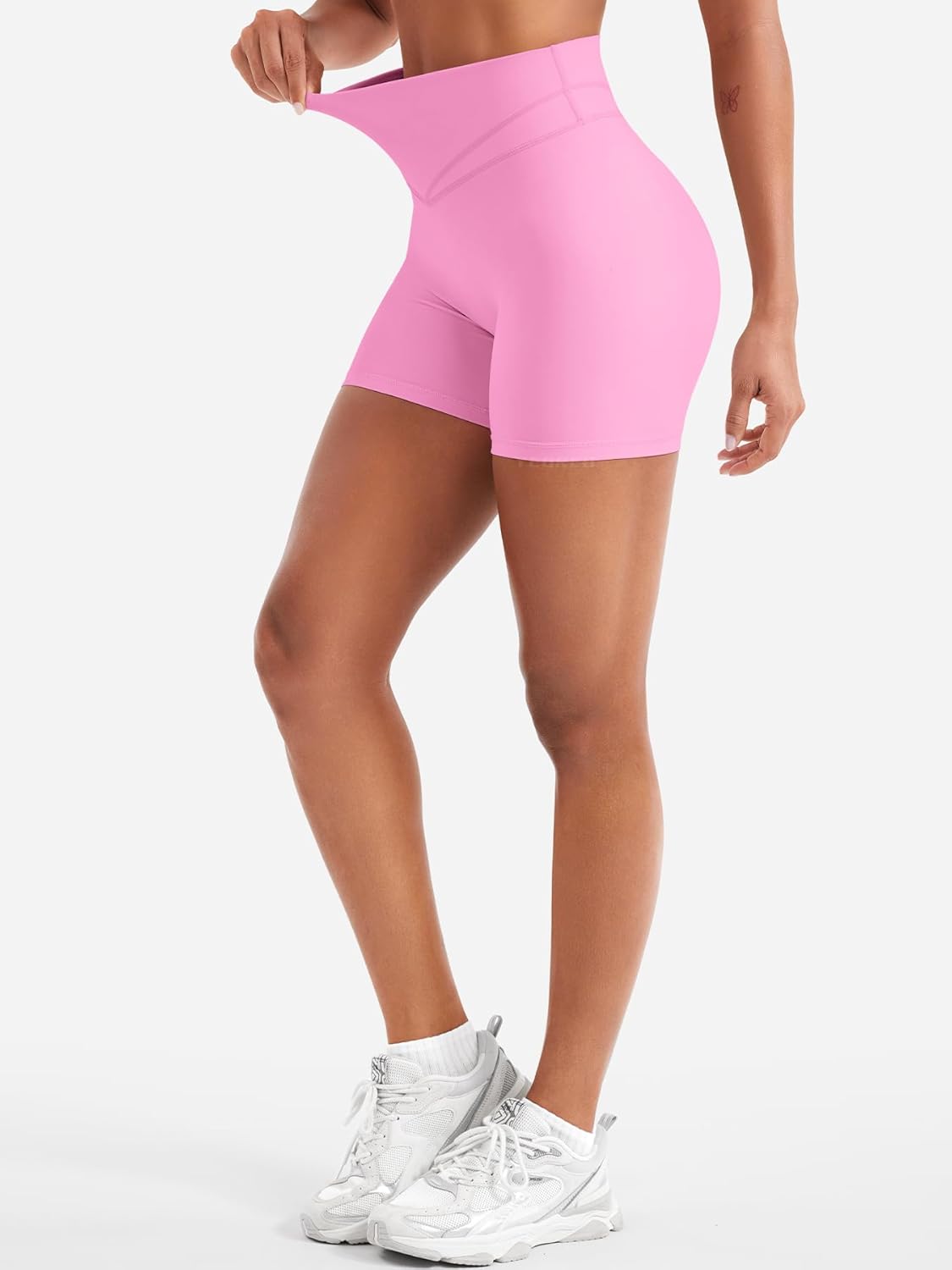 YEOREO High Rise Yoga Shorts - 4.5" No Front Seam Hidden Scrunch Biker Shorts for Women