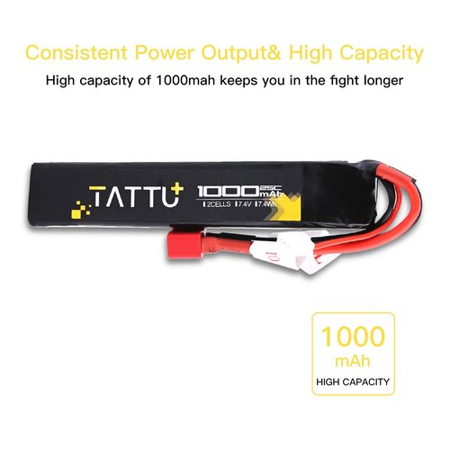 Tattu 7.4V Airsoft LiPO Battery with T Connector, 1000mAh 25C 2S Battery Pack for Airsoft Gu-ns