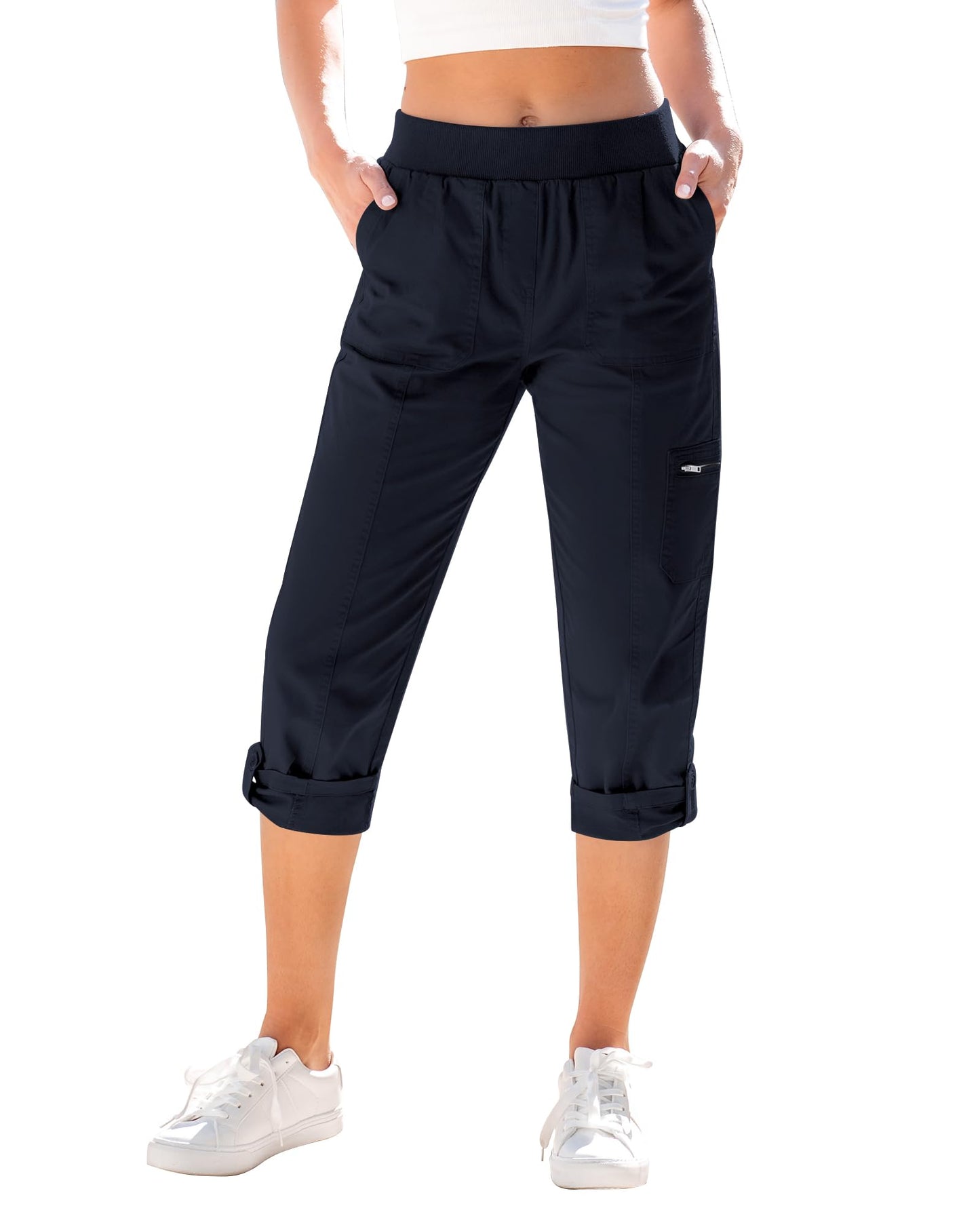 GRAPENT Travel Pants Women Ladies Pants Pull On Elastic Waist Ladies Capris Summer Casual Utility Cargos for Women Womens Comfy Cropped Trousers Zipped Pockets Color Navy Blue X-Large Size 16 to 18