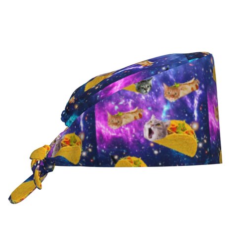 Blue Purple Galaxy Cat Taco Working Cap for Women Men, Scrub Cap with Sweatband Adjustable, Unisex Tie Back Hat, Nurse Surgical Caps