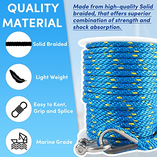 VEITHI 50 ft Blue/Yellow 3/8 Inch Marine Anchor Rope Solid Braid MFP with Thimble & Shackle
