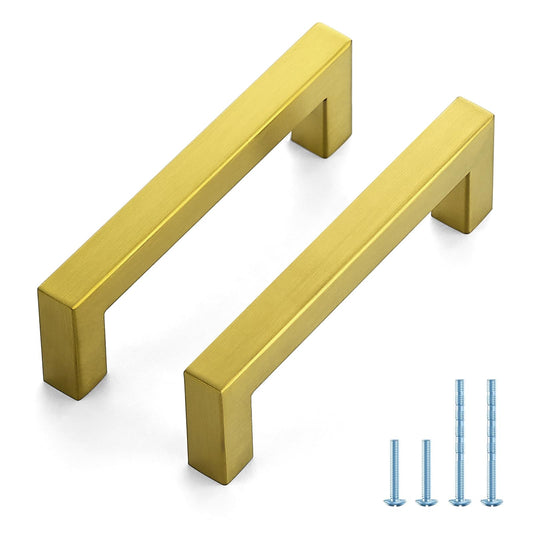 JOY DECOR 2 Pack Cabinet Handles, Gold Cabinet Pulls, 4 Inch Kitchen Handles Square Drawer Pulls Stainless Steel Drawer Hardware Handles, 102mm Hole Centers