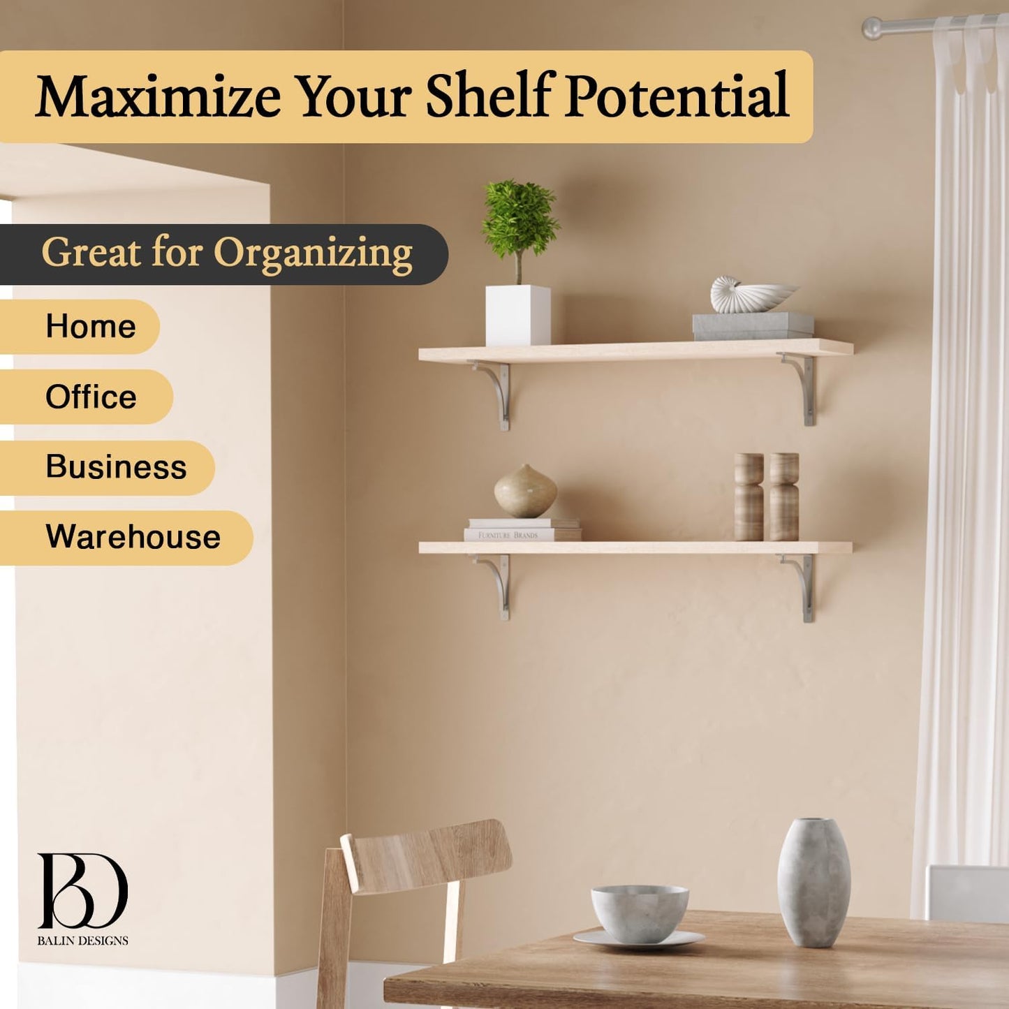 Heavy Duty 8-Inch Black Shelf Brackets - Wall Mounted L Bracket Set of 4 with Hardware