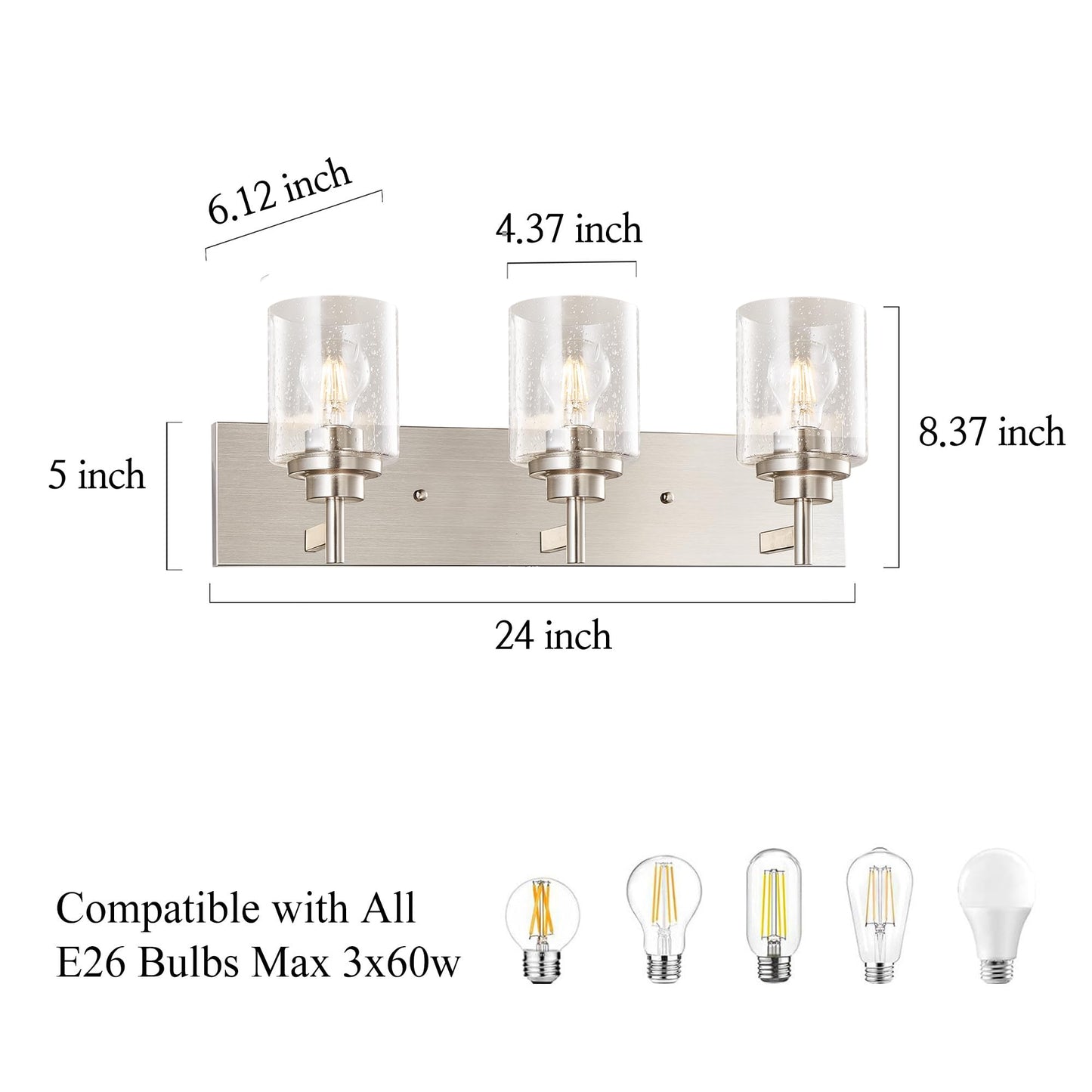 landskylite Bathroom Vanity Light Fixture, Brushed Nickel，24" 3-Light，Offset Mount, Modern Wall Sconce，Seeded Glass & Large Backplate - Farmhouse Lighting for Bathroom, Living Room, Hallway