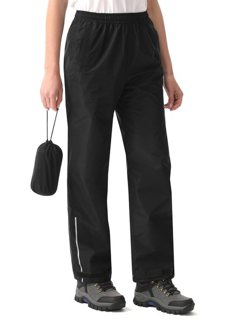 iCreek Women's Waterproof Rain Pants Packable Hiking Pants Over Pants Windproof Lightweight for Outdoor Hiking Golf Fishing (Black, Medium/31 Inseam)