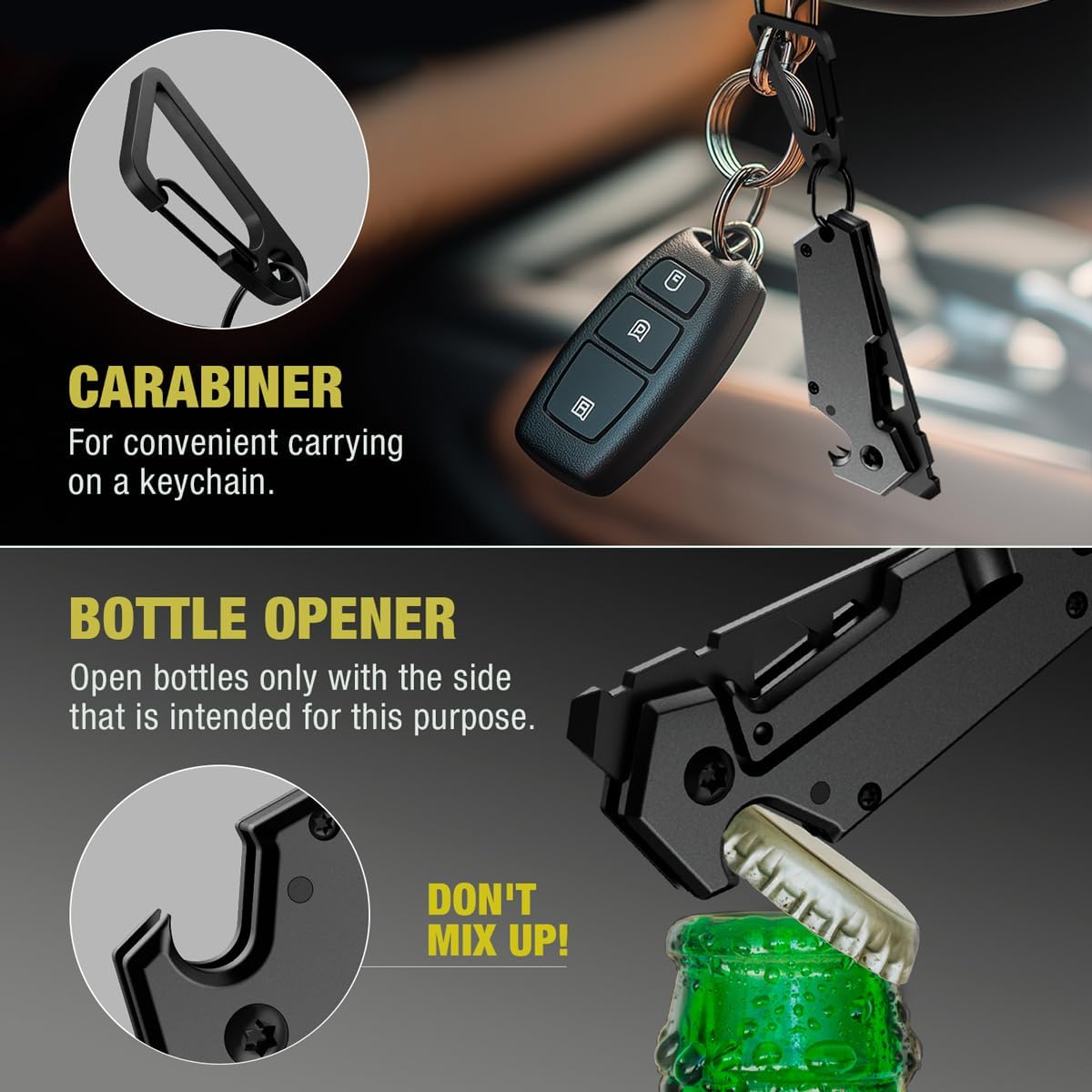 Mini Keychain Knife by [Brand Name] - 1.3” Tanto Serrated Blade | 6-in-1 Black Multitool with Carabiner