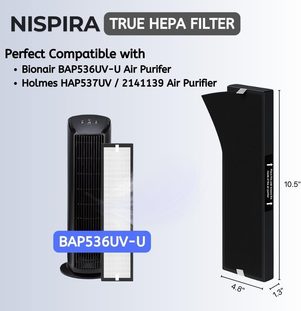 Nispira 182550 Filter Replacement Compatible with Bionaire BAP536UV-U Holmes HAP537UV / 2141139 Air Purifier, 1 Pack (HEPA + Carbon)