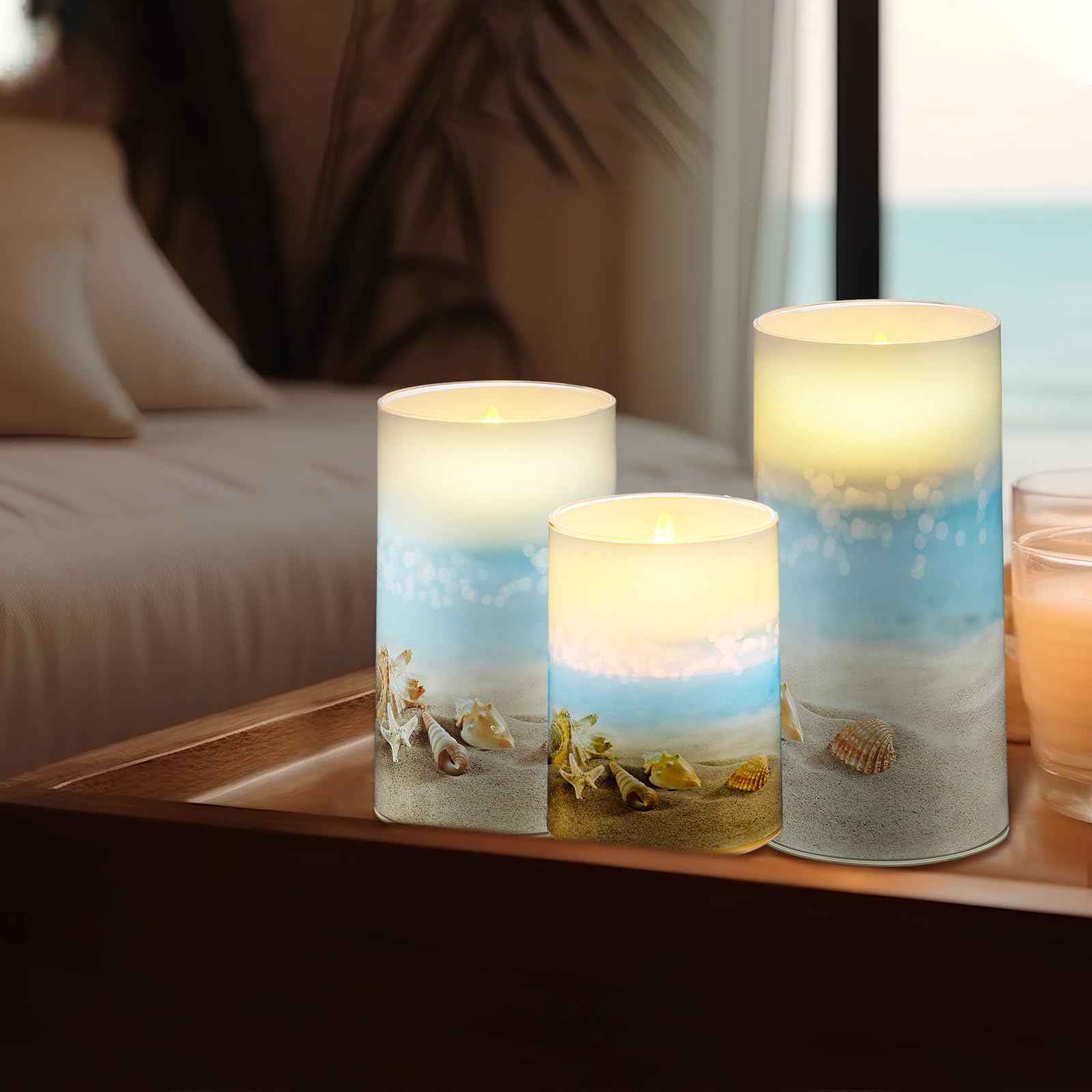 Tujoe 3 Pcs Summer Starfish Flameless Candles LED Battery Pillar Candles Set Battery Operated Flickering Candles Gifts with Remote Summer Decor for Holiday