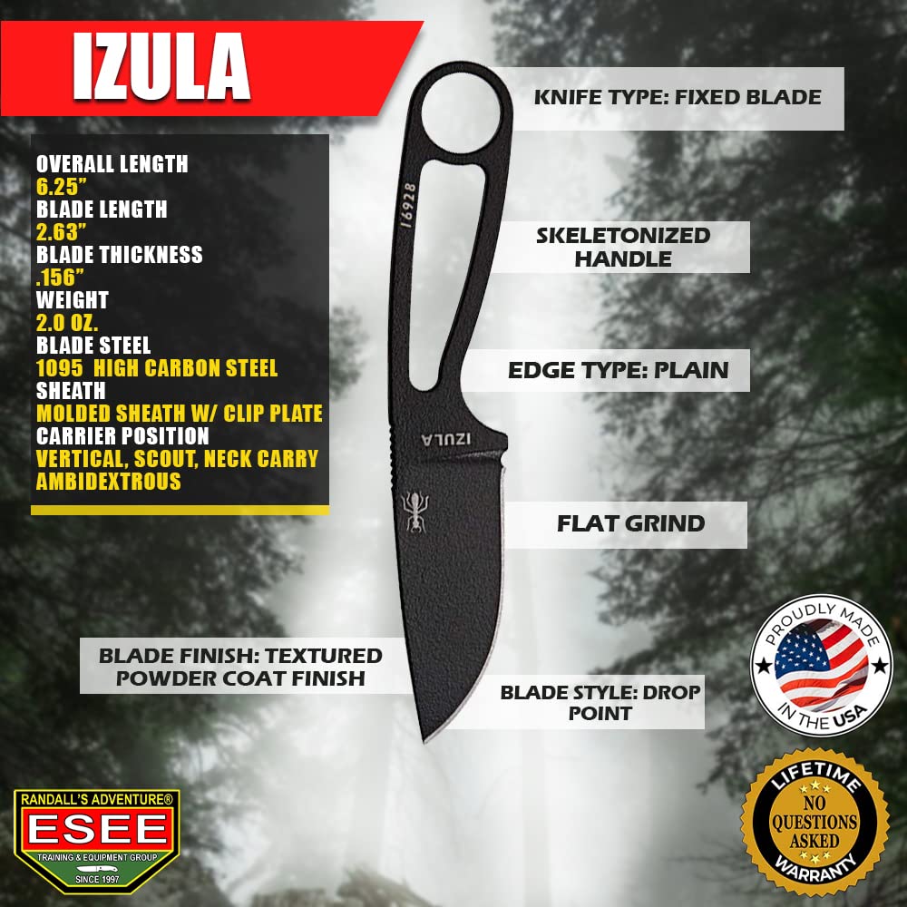 ESEE Knives Izula Fixed Blade Knife w/Survival Kit, Sheath & Clip Plate (Black)