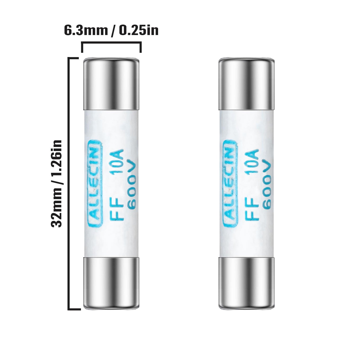 ALLECIN FF10A Multimeter Fuse 10A 600V 6.3x32MM Digital Multi Meter Fast Acting Fuses 10 Amp 600 Volt 0.25x1.26Inch Nickel-Plated Brass Ceramic Fast Blow Multimeters Fusibiles (Pack of 10Pcs)