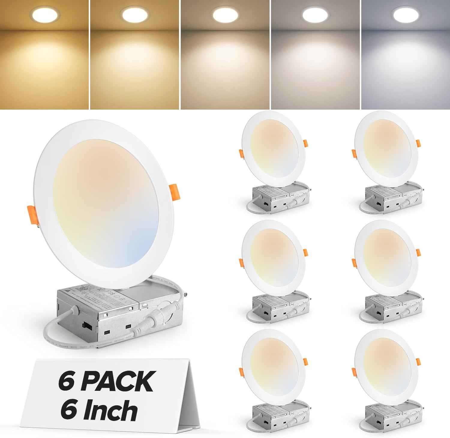 Ultra-Thin 12 Pack 6-Inch Dimmable LED Recessed Lighting - 5CCT Selectable, 1050LM, ETL