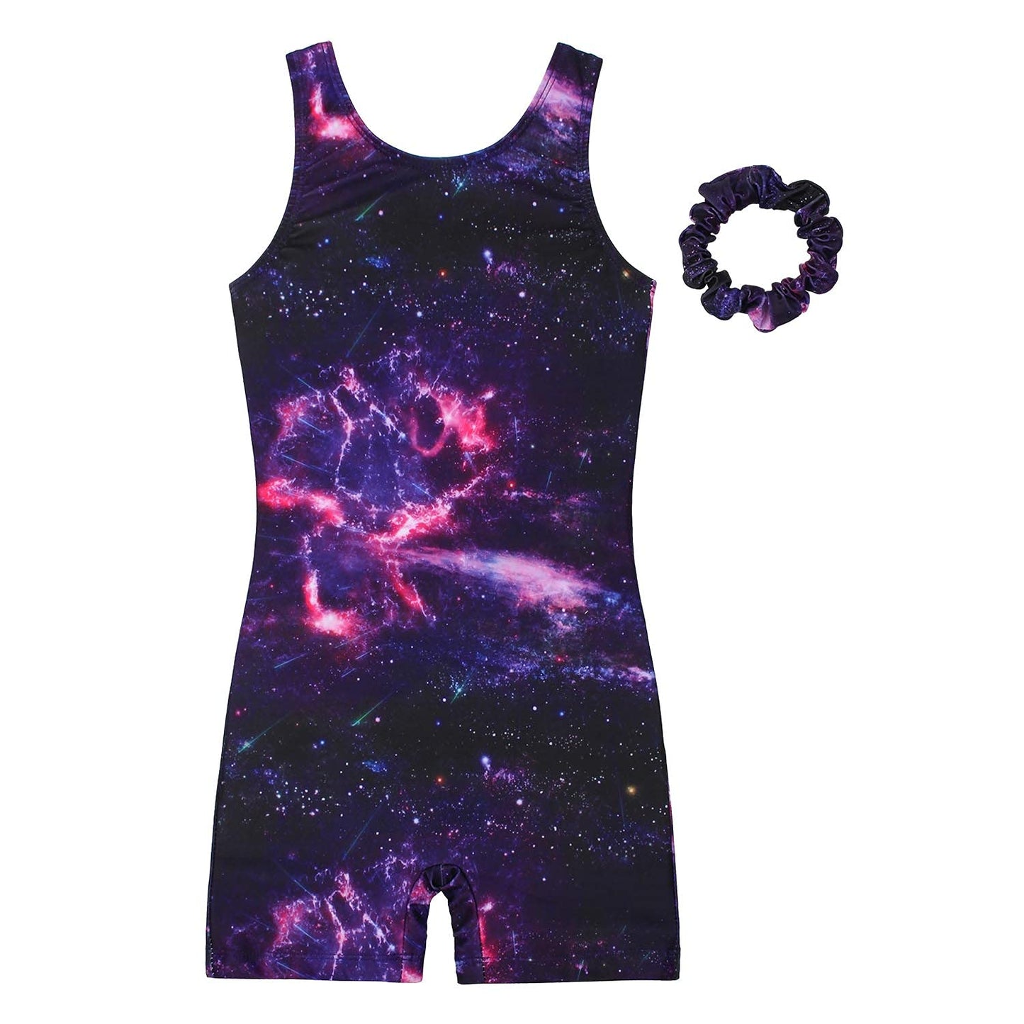 JESKIDS Leotards for Girls Gymnastics with Shorts Dance Biketards Tumbling Matching Hair Scrunchie Purple 8-9 Years