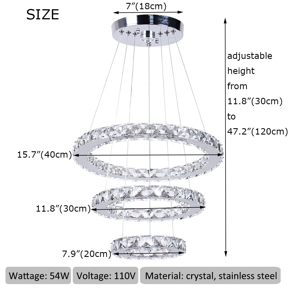 xychfantligh Modern 3 Ring Round Crystal Chandelier Adjustable Stainless Steel Pendant Lighting LED Crystal Ceiling Light Fixture for Living Room Dining Room Bedroom (Cool White)