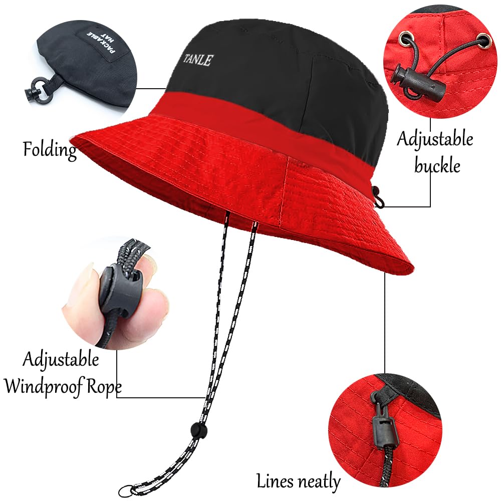 Foldable Bucket Hat for Men Women - Quick Dry Wide Brim Sun Hat with UPF 50+ UV Protection, Packable Breathable Cap for Travel, Hiking, Fishing & Beach（Black red）