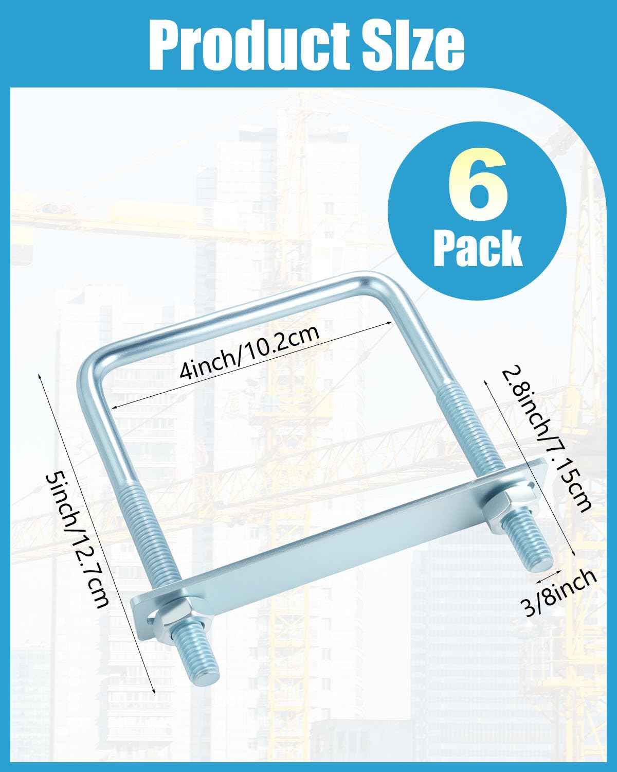AOKLIT 6 Pcs U Bolts 4 Inch Wide Zinc Plated, Square U Bolt Carbon Steel for Sailboat Trailers, Tube, Industrial Supplies(3/8" x 4" x 5"')