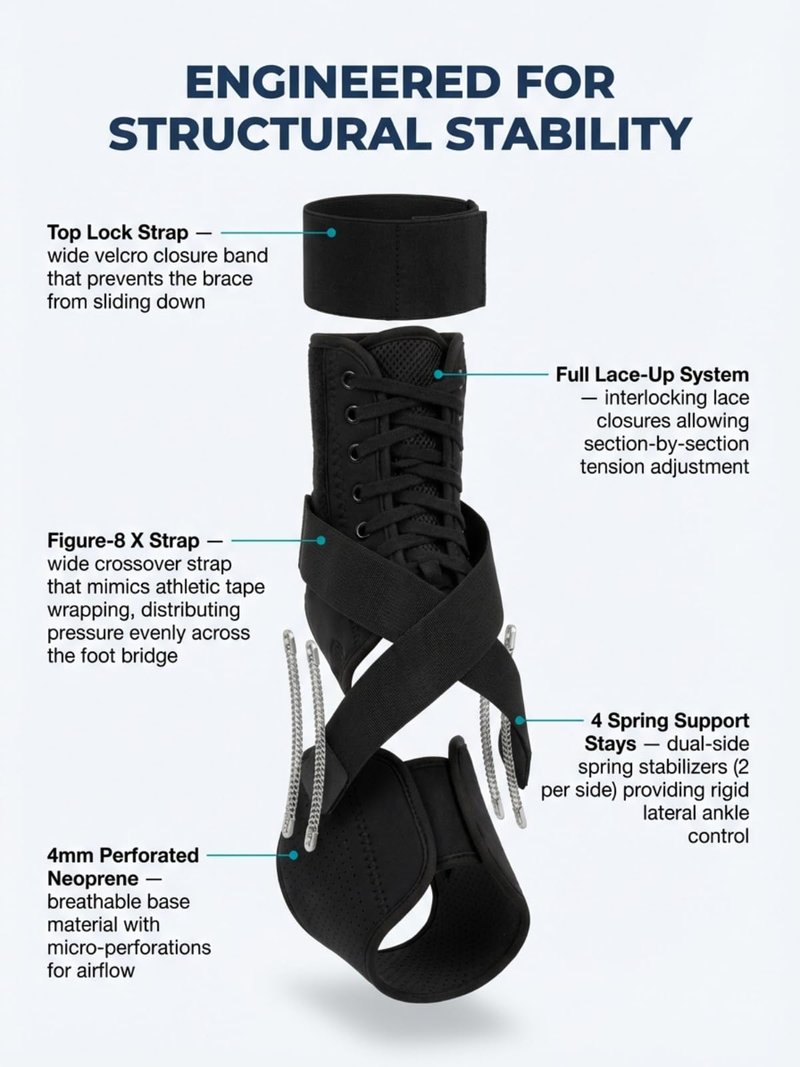 ZYNOCARE Strong Support Ankle Brace for Women and Men, Dual Spring-Stabilized Lace Up Ankle Support Brace, Figure-8 Wrap, Breathable 4mm Neoprene Ankle Stabilizer for Walking & Recovery, (M)