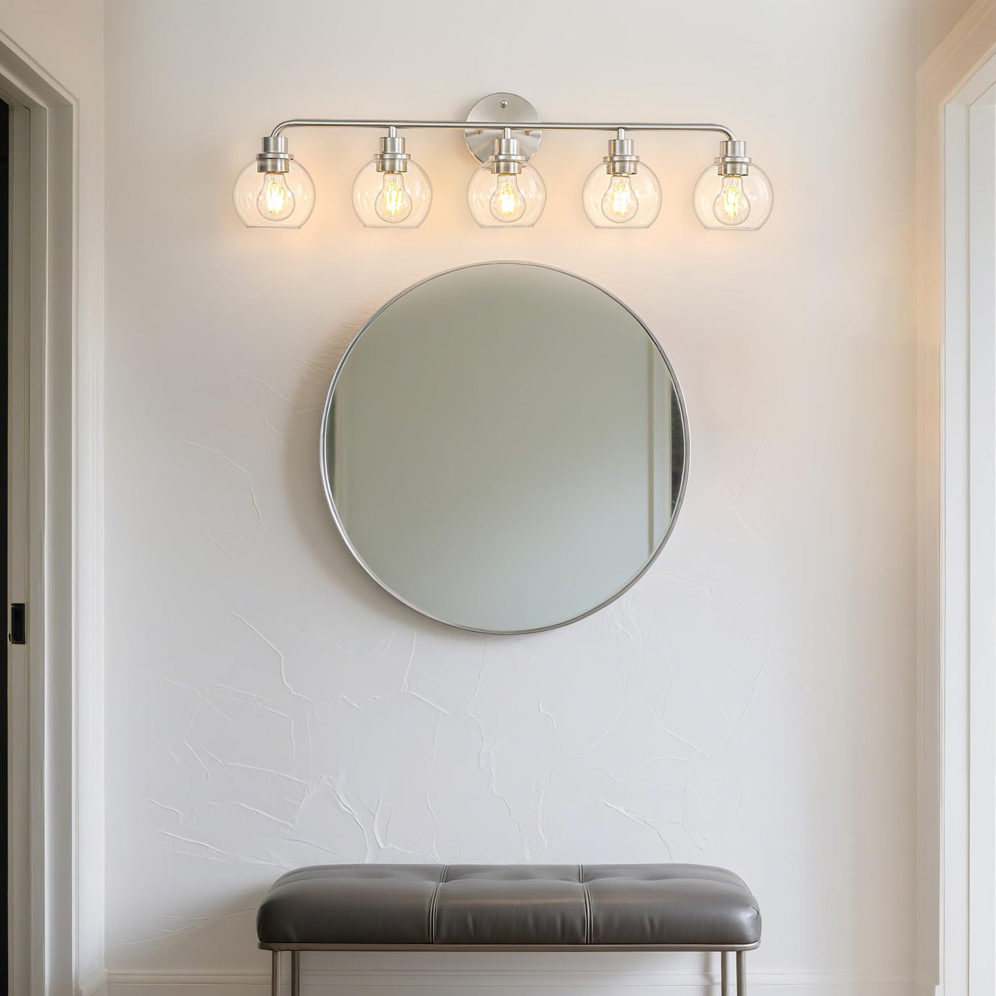 Bathroom Light Fixtures 5 Light Brushed Nickel Vanity Light Silver Modern Wall Sconces Lighting Bathroom Lights with Globe Glass Shade Bath Wall Lights for Mirror Kitchen Living Room Hallway 34.5"
