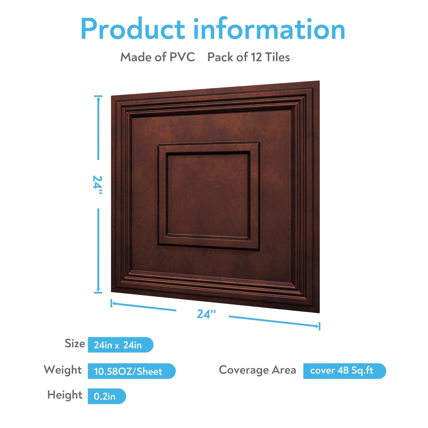 STICKGOO Glue Up Ceiling Tiles, 24x24 Inch PVC Decorative Drop Ceiling Tile Antique Copper 48 Sq. Ft, Pack of 12 Tiles