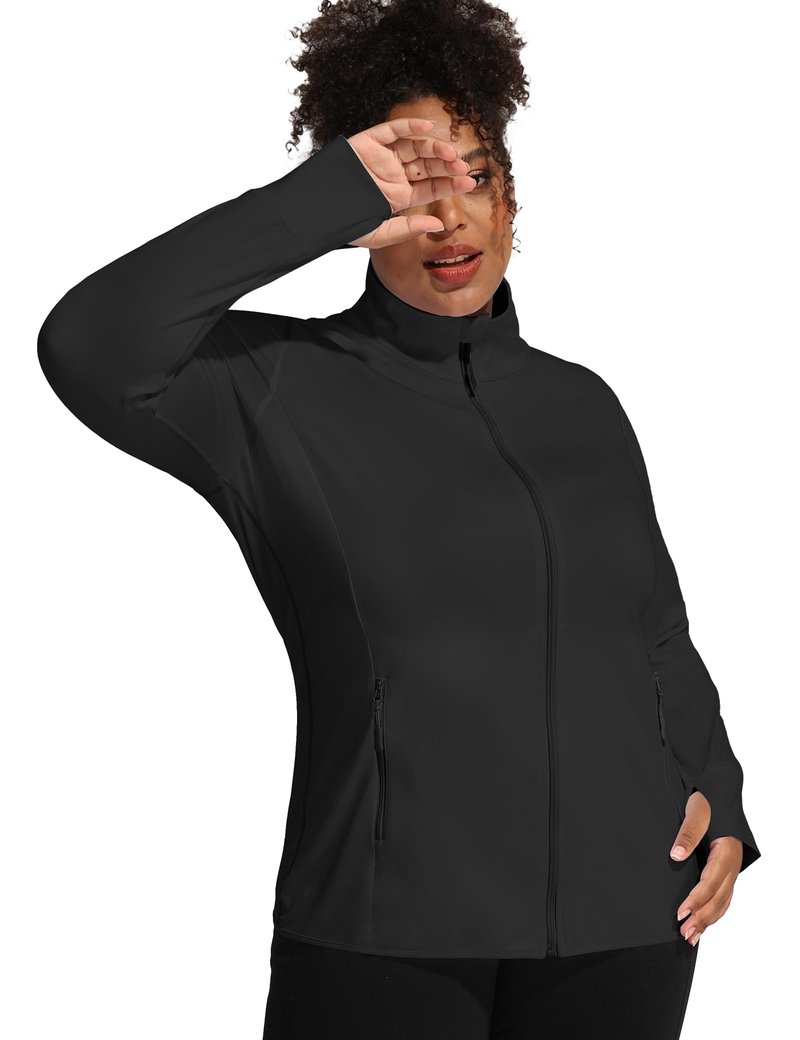 COOTRY Women's Plus Size Athletic Jackets Zip Up Lightweight Workout Running Track Jackets with Thumb Holes Black 2XL