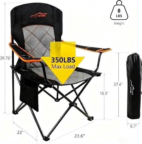 Fair Wind Heavy Duty Camping Chair - 350LBS Capacity, Fully Padded with Cup Holder & Side Pocket | Portable Lawn Chair for Tailgating, Beach & Sports