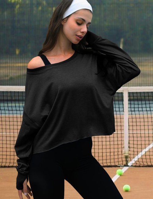 UNIANKIYA Open Back Workout Tops for Women Long Sleeve Cropped Athletic Clothes Gym Running Yoga Low Impact Sports T Shirts Black