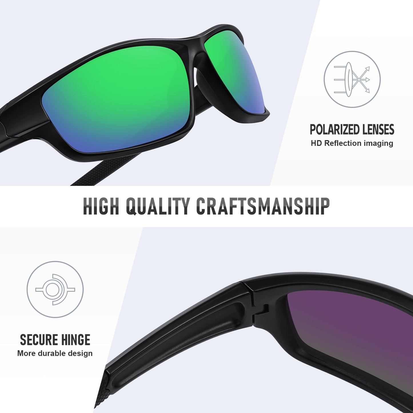 Ofwin Polarized Sports Sunglasses for Men Women Driving Cycling Fishing Wrap Around Sun Glasses UV400 Protection Matte Black Frame/Green Mirror Lens