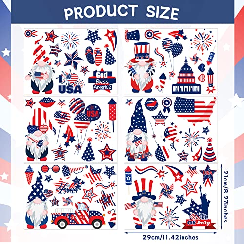 Patelai 6 Sheets 4th of July Decoration Patriotic Wall Stickers Independence Day Wall Decals American Flag Star Red White Blue Clings Memorial Day Window Clings for Patriotic Party Favors Decor(Gnome)