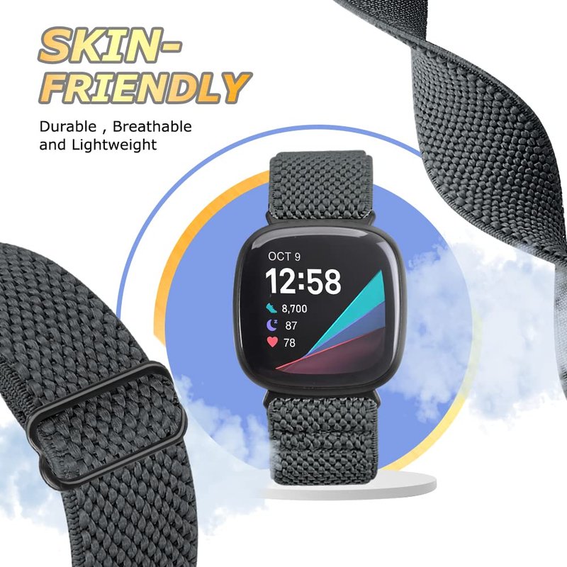 Tiptops 10 Pack Elastic Band Compatible with Fitbit Sense Bands/Fitbit Versa 3 Bands Fitbit Versa 4 Bands for Women Men/Fitbit Sense 2 Bands, Adjustable Stretchy Nylon Solo Loop Sport Strap