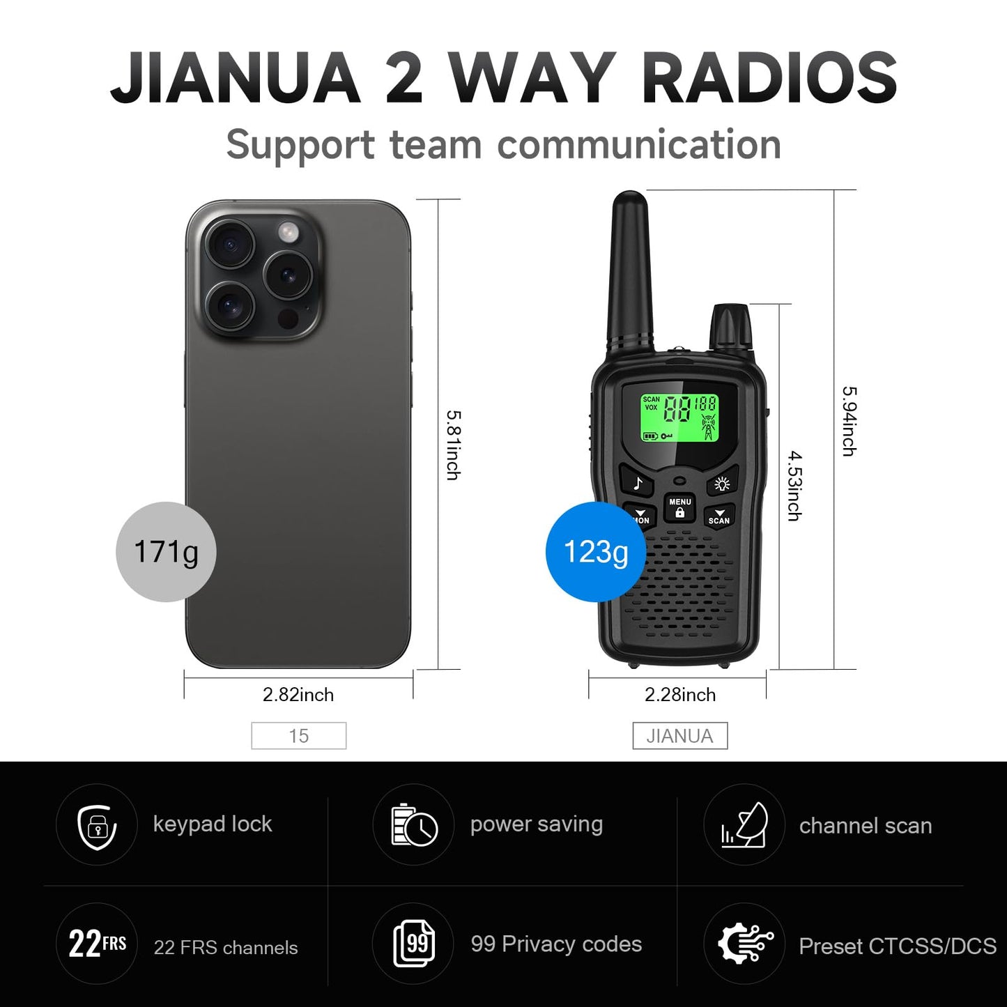 Walkie Talkies for Adults Long Range, Rechargeable Walkie Talkie 22 FRS Channels Two Way Radios with Noise Reduction, Volume Adjustment, LED Flashlight,1200mAh Rechargeable Battery (2 Pack Black)