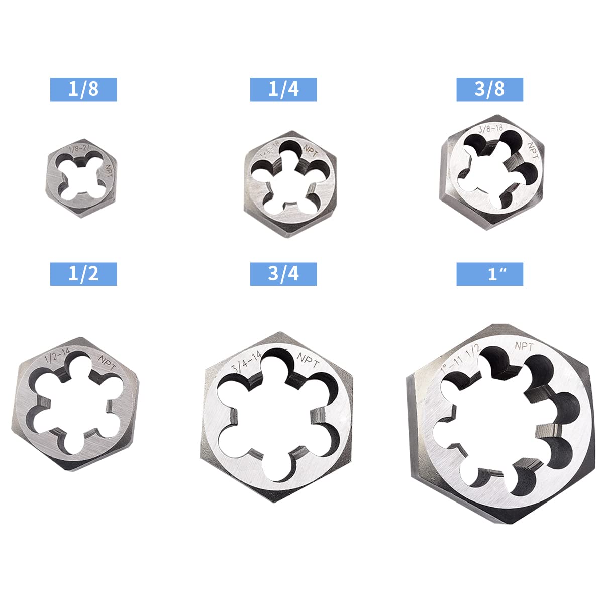 NPT Pipe Hex Die Set 6 Pcs Cartbon Steel 1/8"-27 1/4"-18 3/8"-18 1/2"-14 3/4"-14 1"-11 1/2