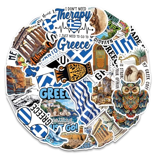 Greece Travel Stickers 50 Pieces Vinyl Waterproof Decal for Laptop Water Bottle Phone Car Window Bike Motorcycle Stakeboard Scrapbook Greek Civilization Sticker Gifts
