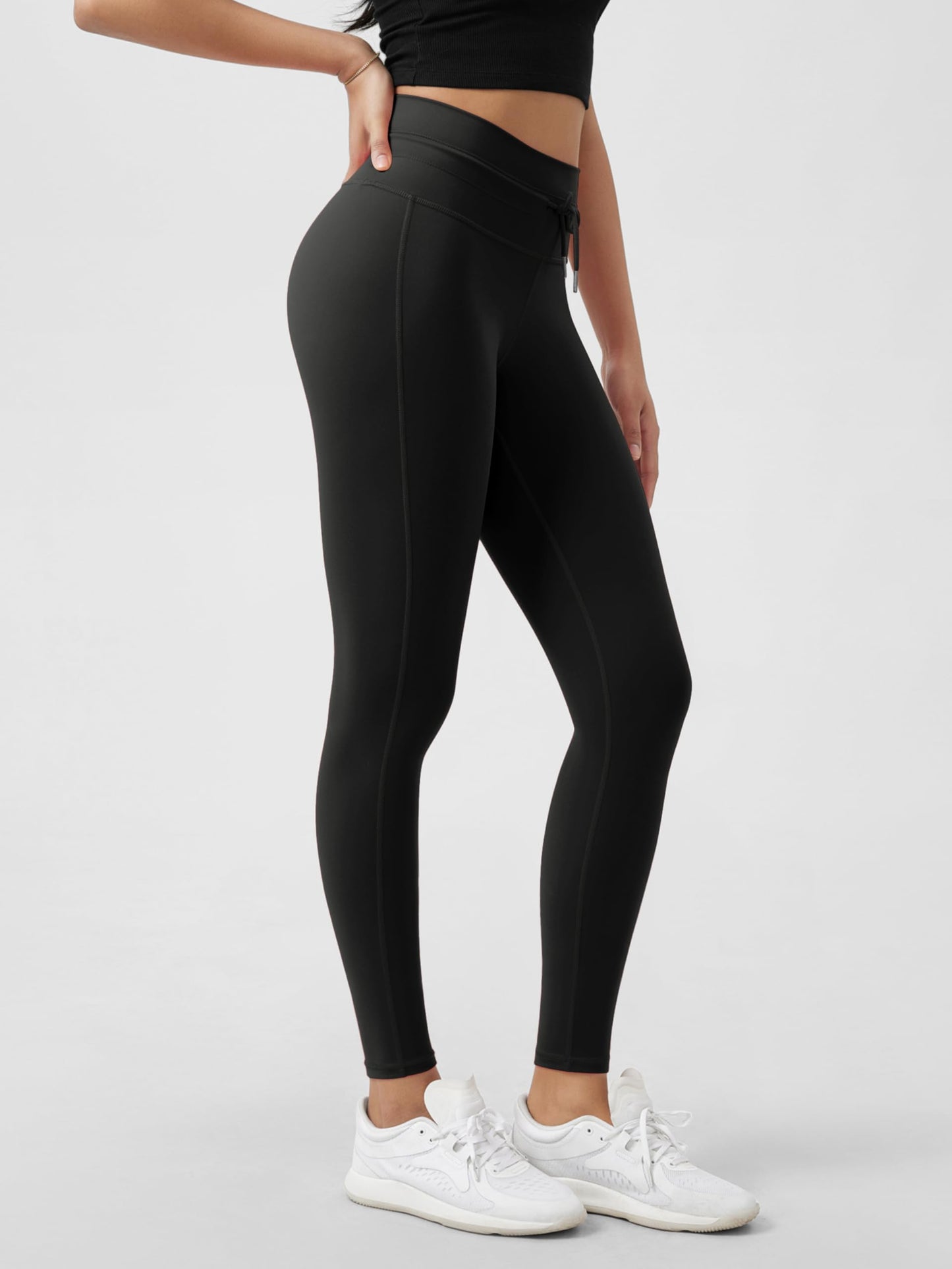 ODODOS Women's Drawstring Tie Leggings 28" Inseam Full Length High Waist Workout Yoga Pants, Black, Small