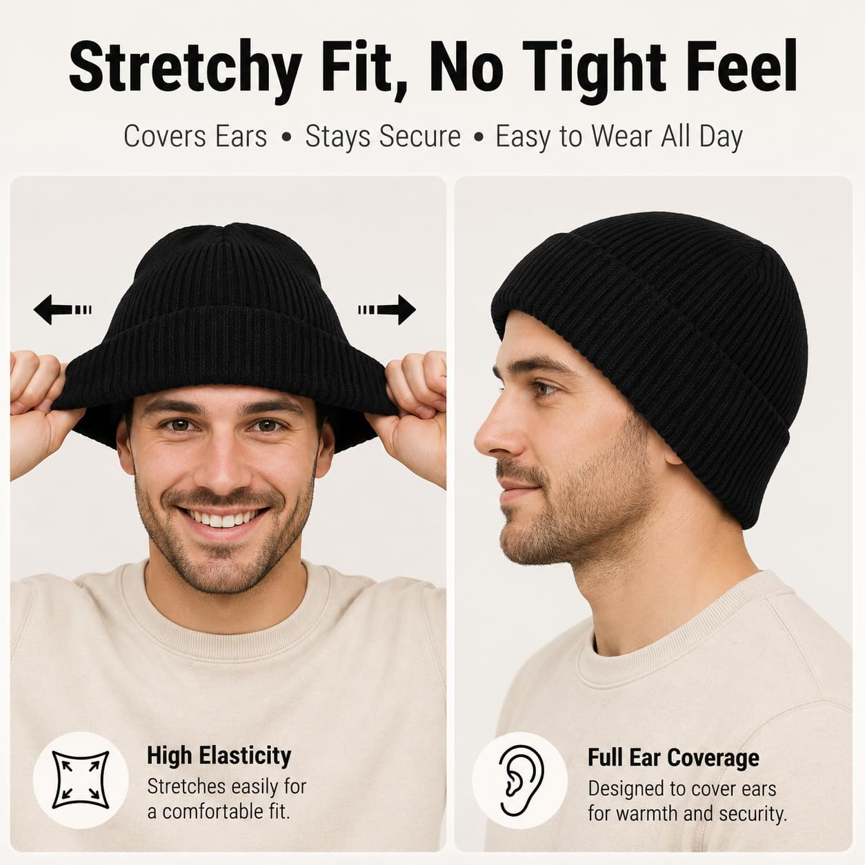 Plus Size Fleece Lined Beanie Hat - M/L/XL/XXL Merino Wool Beanie Hat for Men - Large Winter Hat Ski Skull Cap for Big Heads Black