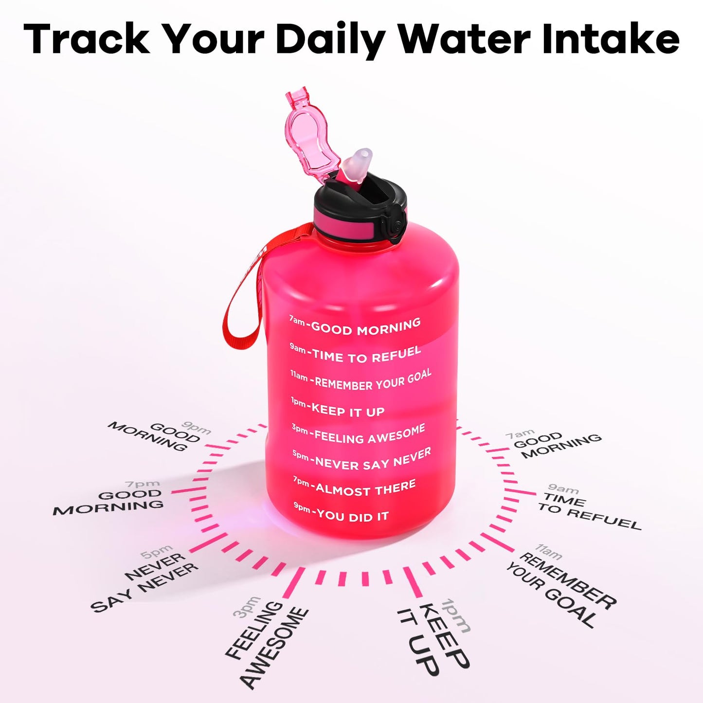 WEMEET Motivational Gallon Water Bottle, BPA Free, Large Sport Water Jug with Handle & Straw, for Fitness, Outdoor, Gym, Travel, Camping, Office (Pink)
