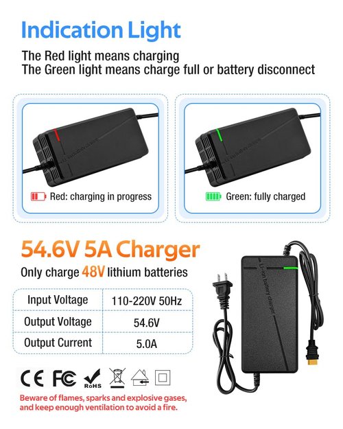 54.6V 3A / 5A Super Fast Charger for 48V Lithium Battery,7 Types of Plugs to Choose from, No Need Adapter,More Secure.Compatible with Most Plugs. with Cooling System (XT60/XT90(Male Plug))