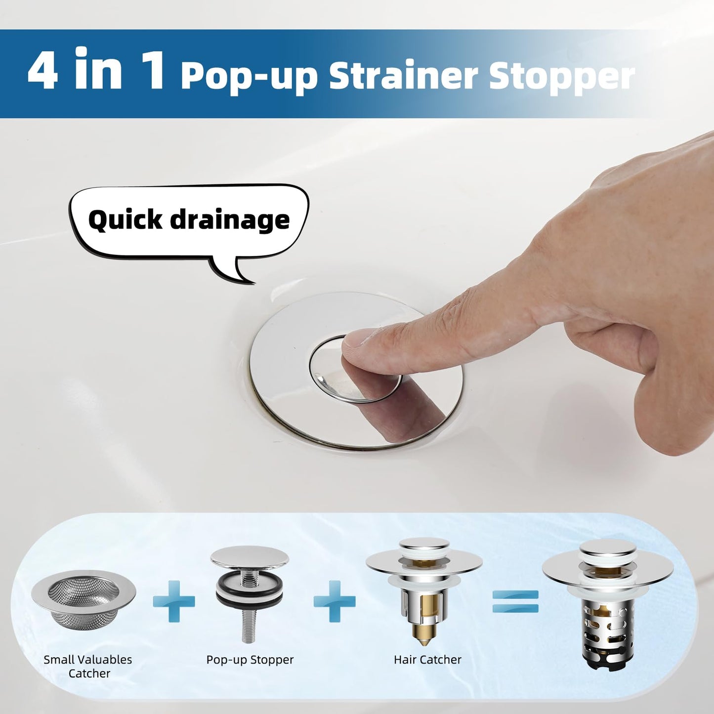 iFealClear Upgraded 4-in-1 Bathroom Sink Drain Stopper Hair Catcher, Universal Pop Up Strainer with 2-Layer Removable Stainless Steel Filter Basket, Anti-clog Sink Plug for 1.1"-2.36" US Basin, Chrome