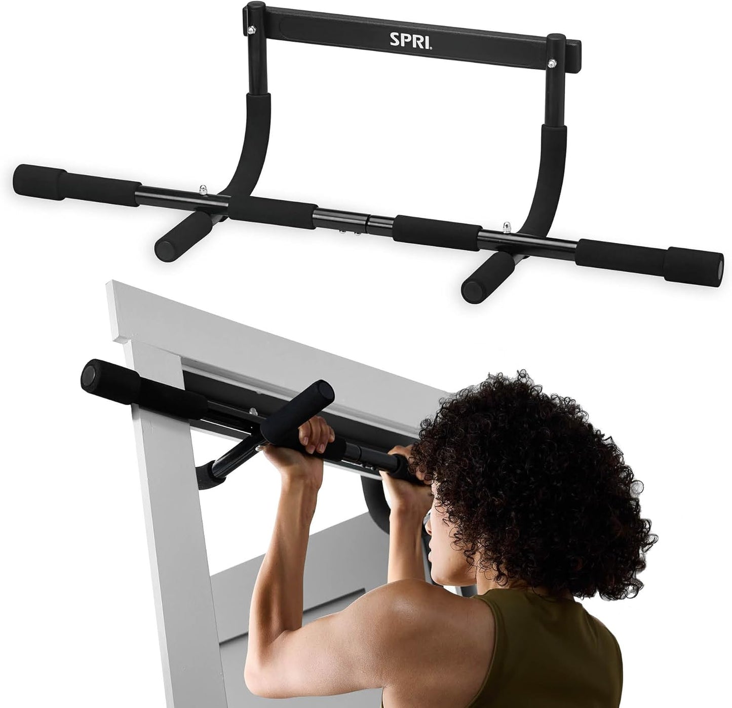 SPRI Pull Up Bar - Versatile 8-Grip & 12-Grip Door Frame Mounting - Rugged Steel, Foam Handles, 300 lb Support - Fits Up to 32 in. Wide - Black