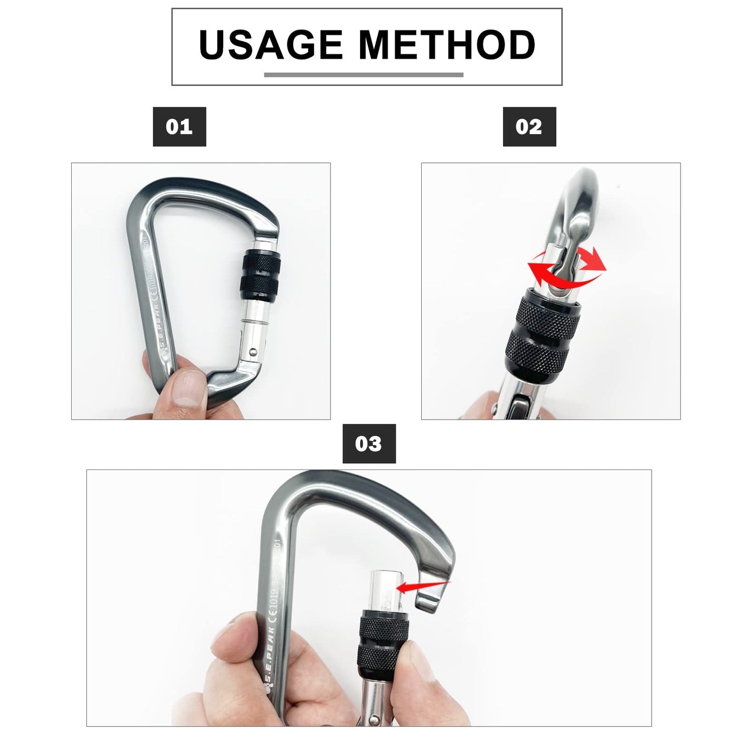 SEPEAK UIAA CE 30kN Locking Climbing Carabiner, Professional Heavy Duty Screwgate Clip for Outdoor Climbing, Mountaineering, Rappelling, Camping, Hiking, Swing, Large D Carabiner Hook/6744lb,2pc,Black