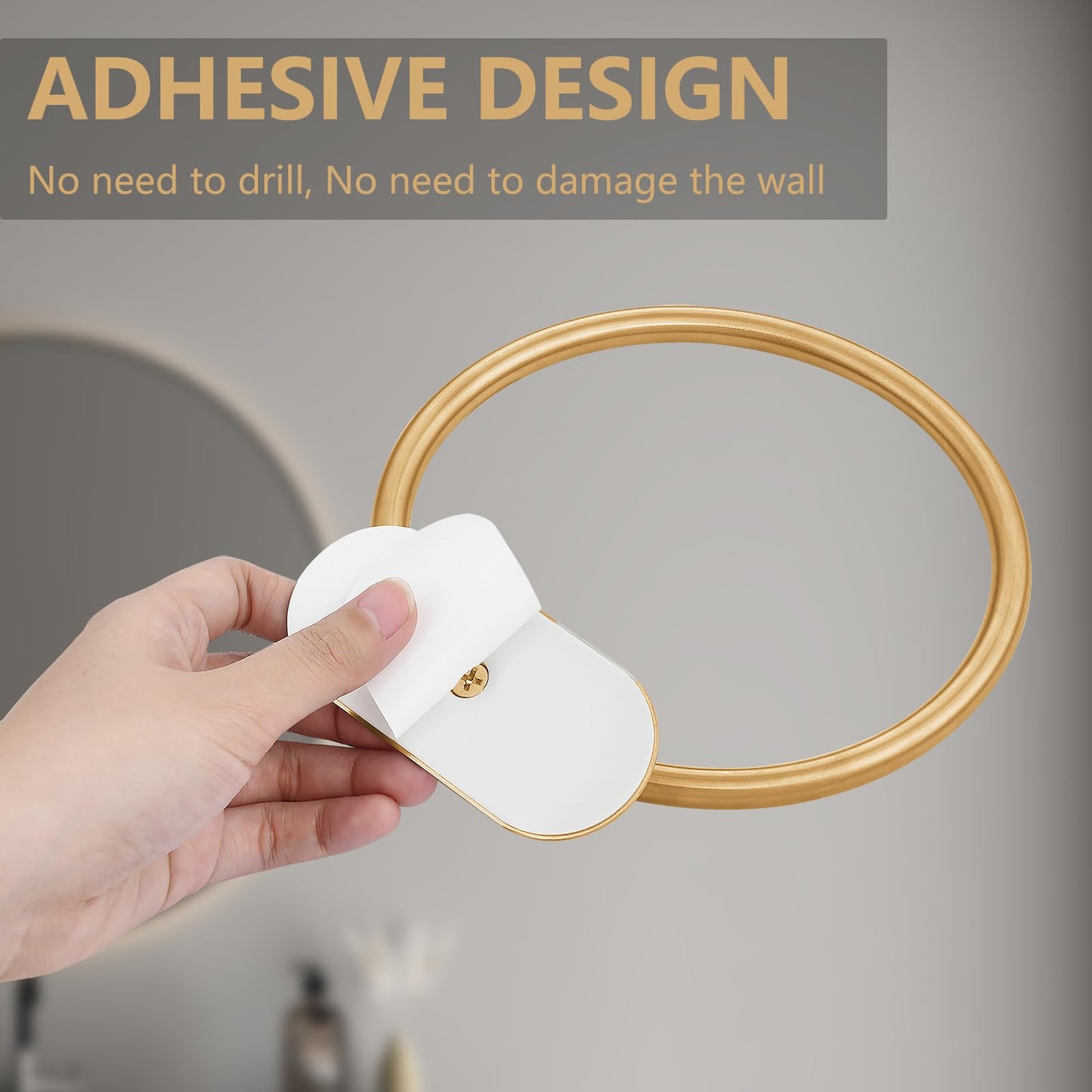 Self-Adhesive Towel Ring for Bathroom, No Drilling Stainless Steel Rustproof Hand Towel Holder, Wall Mounted Bathroom & Kitchen Towel Hanger with Strong Adhesive, Modern Bath Organizer Brushed Gold