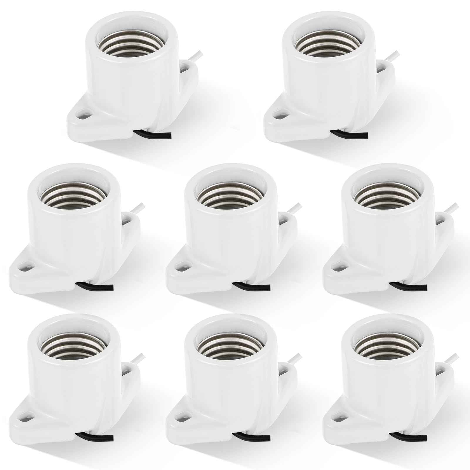 Saysurey 8 Pcs E26 Light Socket Porcelain Lamp Holder Socket Medium Keyless Threaded Base with Two Hole Flange Mounting and 6" Wire Indoor Garage Closet Lighting