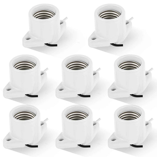 Saysurey 8 Pcs E26 Light Socket Porcelain Lamp Holder Socket Medium Keyless Threaded Base with Two Hole Flange Mounting and 6" Wire Indoor Garage Closet Lighting